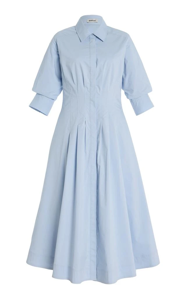 SIMKHAI SIMKHAI - Jazz Pintucked Cotton-Blend Midi Shirt Dress - Blue - S - Moda Operandi 1