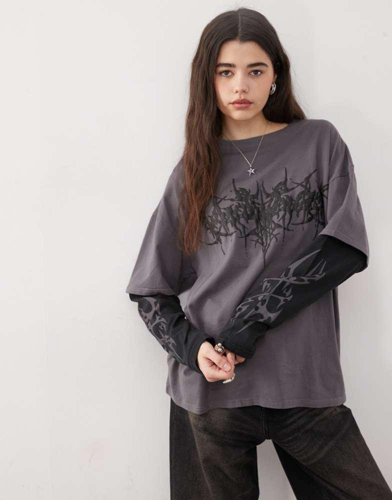 minga Minga London graphic print double layer t-shirt in grey