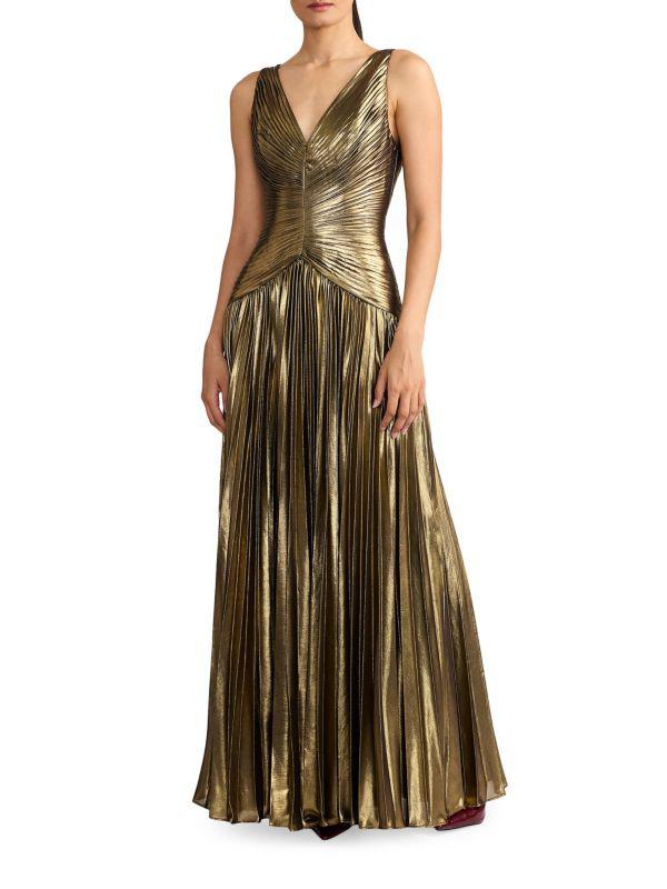 Zac Posen Pleated Metallic Chiffon Gown