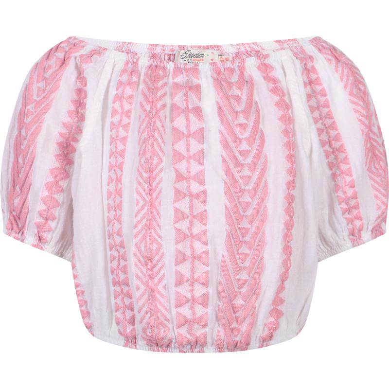Devotion Geometric print cold shoulders cropped blouse in pink and white