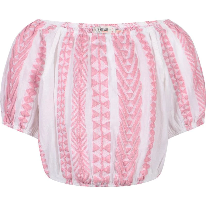 Devotion Geometric print cold shoulders cropped blouse in pink and white 1
