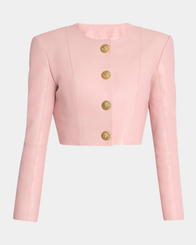 Balmain Buttoned Strong-Shoulder Leather Crop Jacket