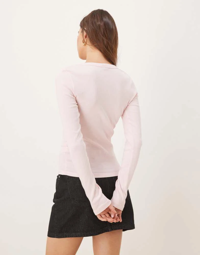 GINA TRICOT Gina Tricot low neck long sleeve ribbed jersey top in pink 2