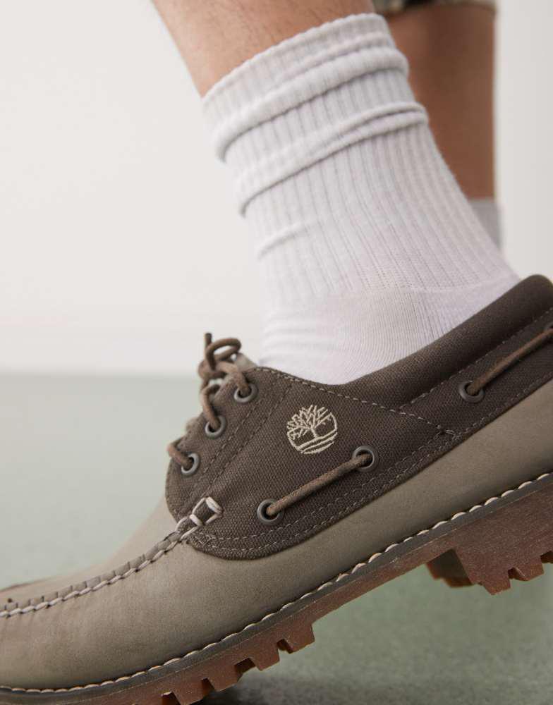 Timberland Authentic 3 eye boat shoe in olive nubuck – On Sale Now