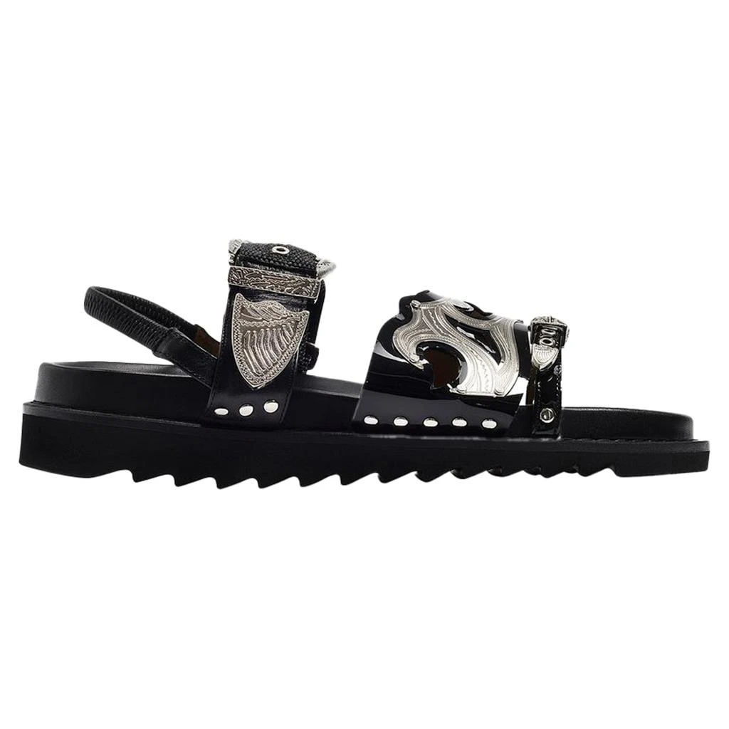 VALSTAR Flat Sandals in Black Leather with Metallic Straps 1