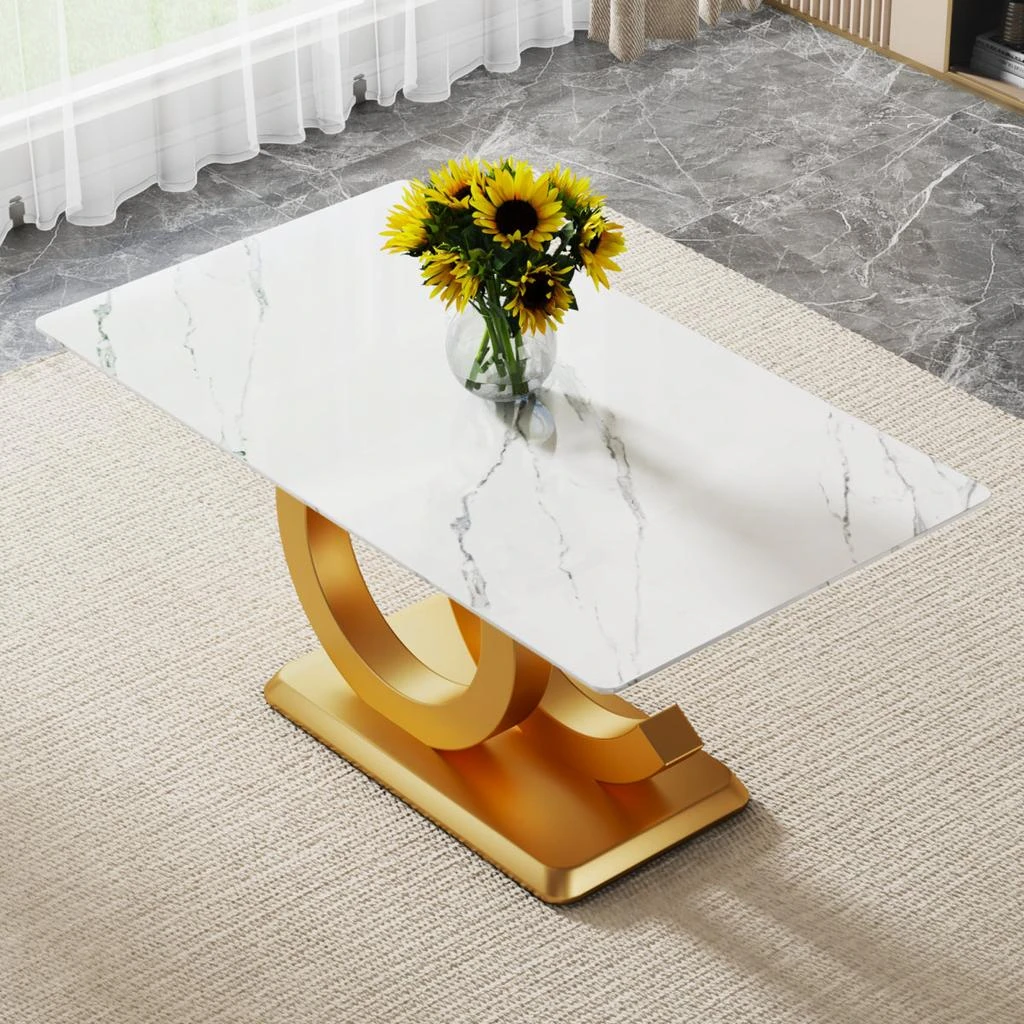 Streamdale Furniture Streamdale Tempered Glass Marble Top Dining Table with Gold OC Legs 2