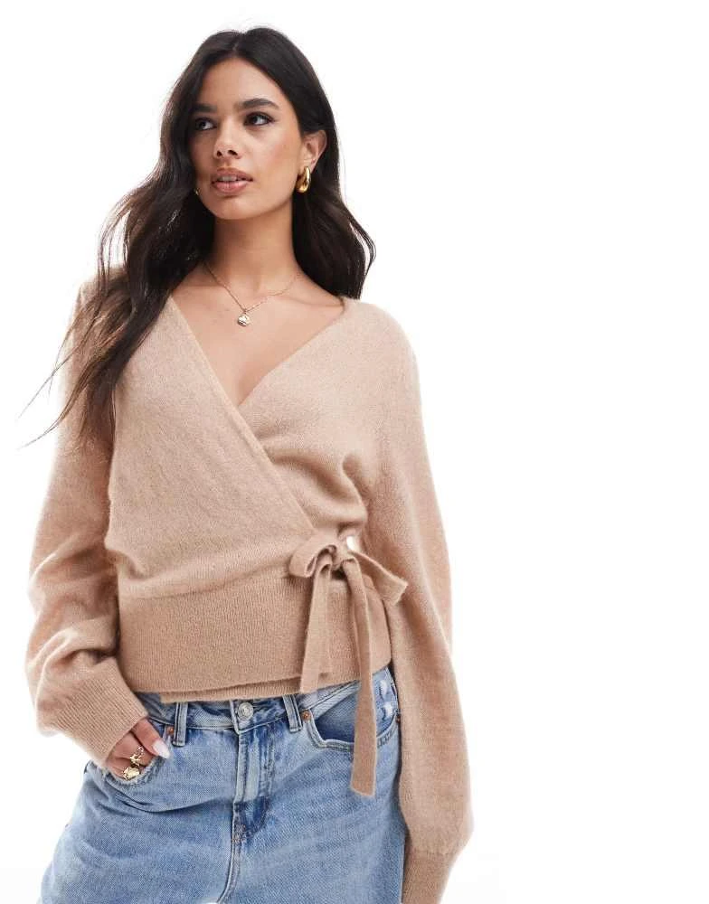 & Other Stories & Other Stories mohair blend hairy yarn wrap cardigan with puff sleeves in beige 1