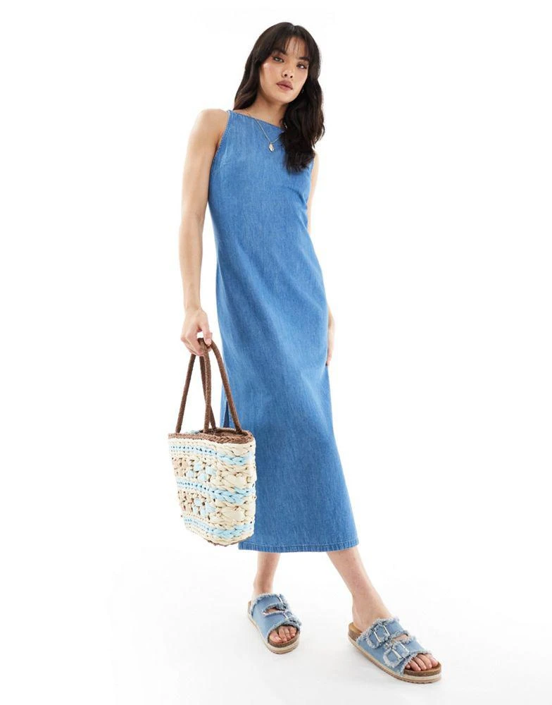 ASOS ASOS DESIGN soft denim midi dress with boat neck and side split in mid wash blue 1