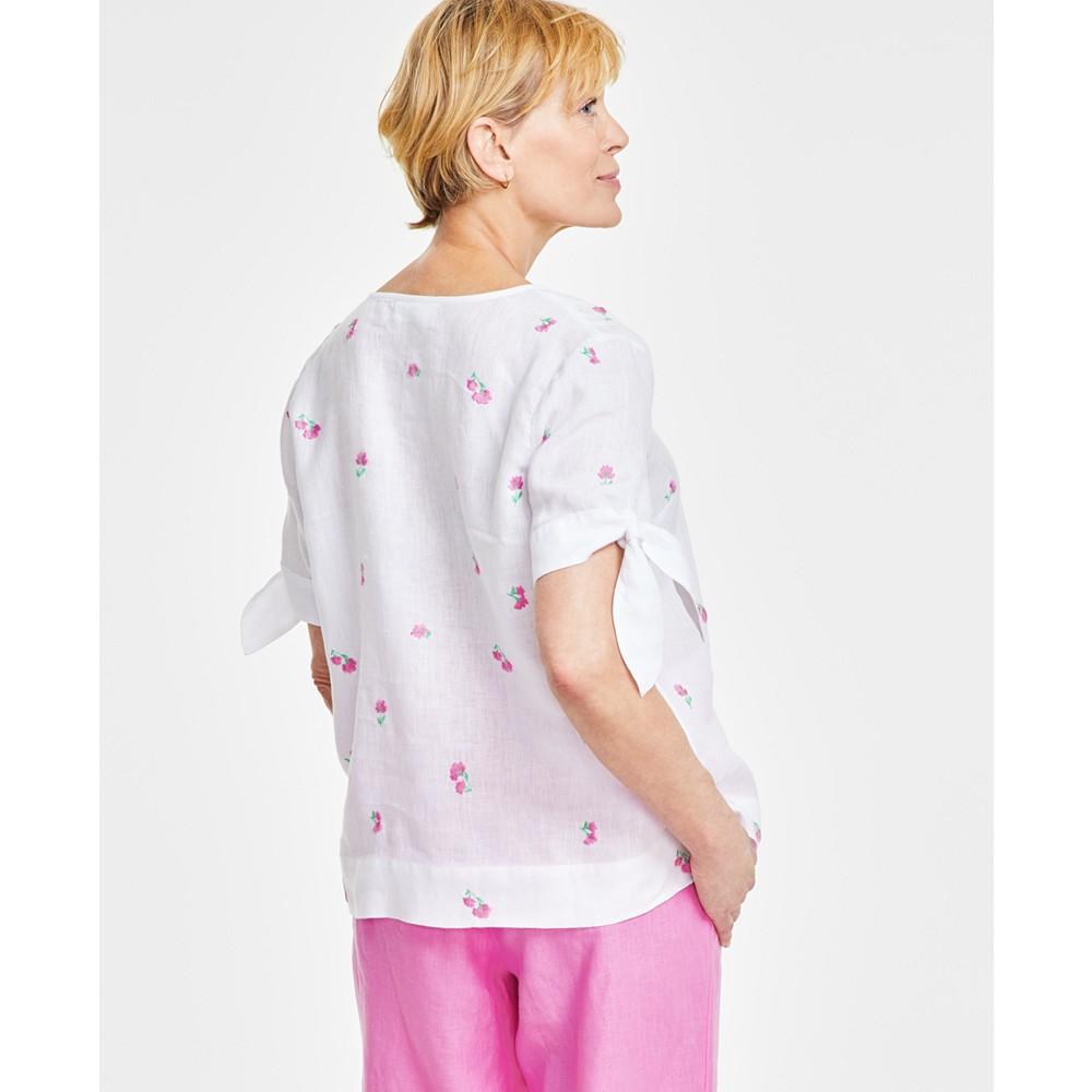 Charter Club Women's London 100% Linen Floral-Embroidered Top, Created for Macy's