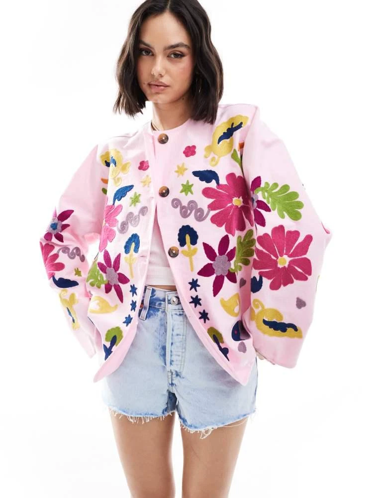ASOS ASOS DESIGN embroidered collarless washed jacket in pink 1