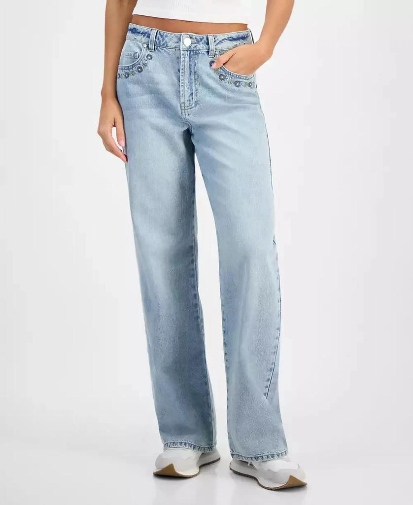 Indigo Rein Juniors' High-Rise Embroidered Wide-Leg Jeans 3