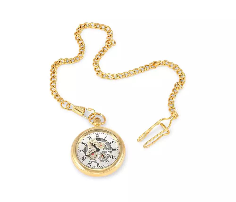 Peugeot Men's 14K Gold Plated Deco Skeleton Dial Vintage Pocket Watch with Clip-On Chain
