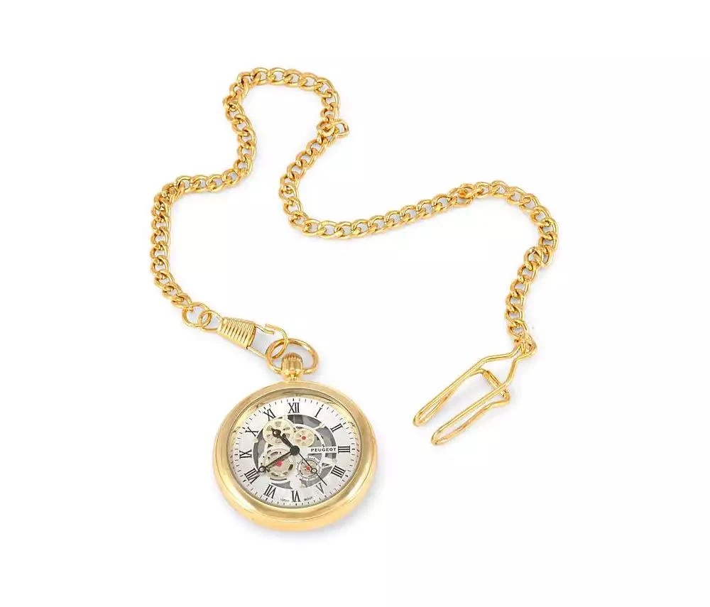 Peugeot Men's 14K Gold Plated Deco Skeleton Dial Vintage Pocket Watch with Clip-On Chain 1