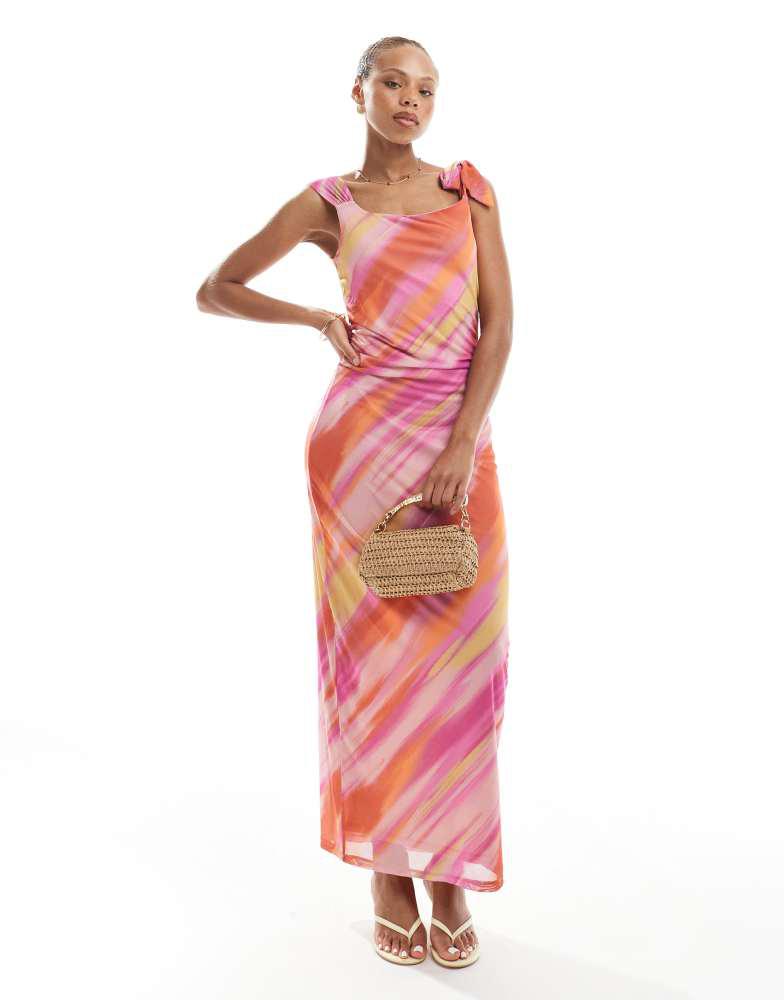 VERO MODA Vero Moda mesh asymmetric off shoulder maxi dress in pastel tie dye print
