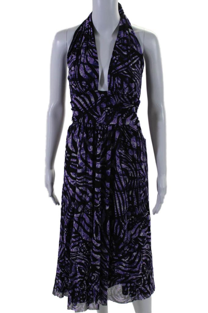 FUZZI Womens Purple Printed Halter Neck Sleeveless Shift Dress
