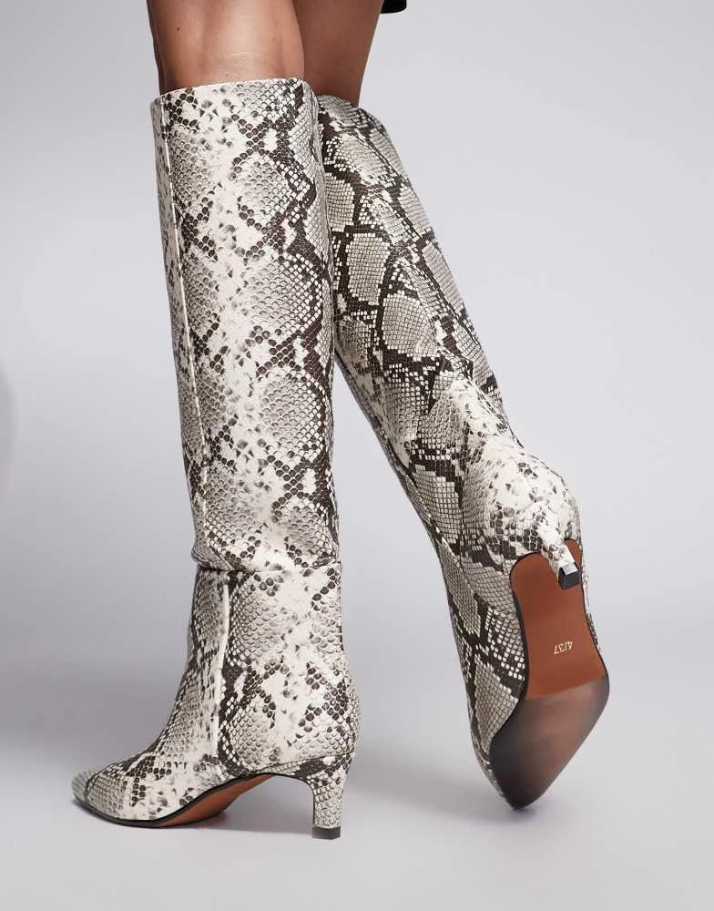 River Island River Island snakeskin print knee boots with low heel in beige 4