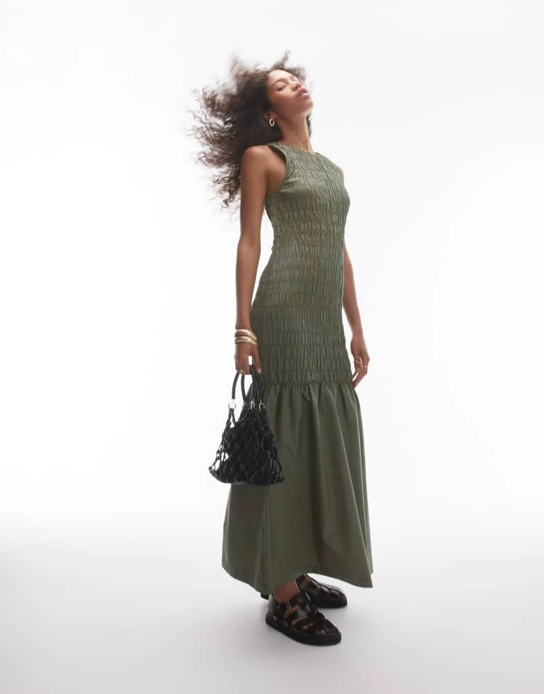 Topshop Topshop shirred maxi dress with contrast top stitch in khaki 1