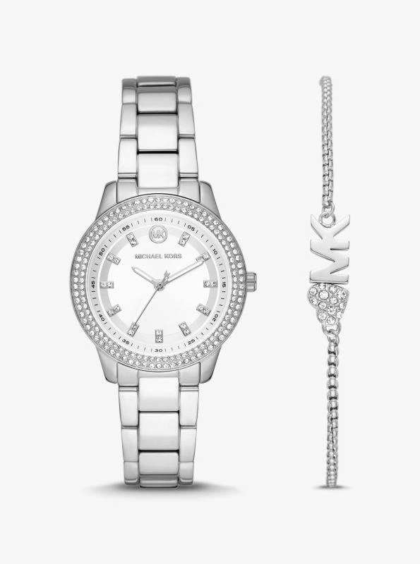 Michael Kors Mini Tibby Pavé Silver-Tone Watch and Bracelet Gift Set 1
