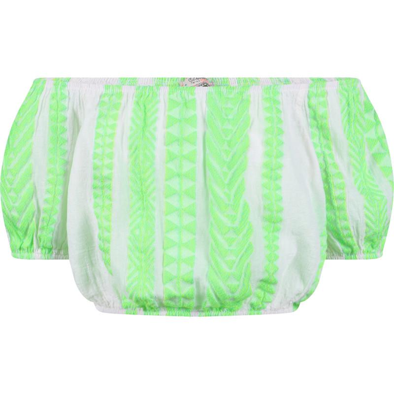 Devotion Geometric print cold shoulders cropped blouse in neon green and white