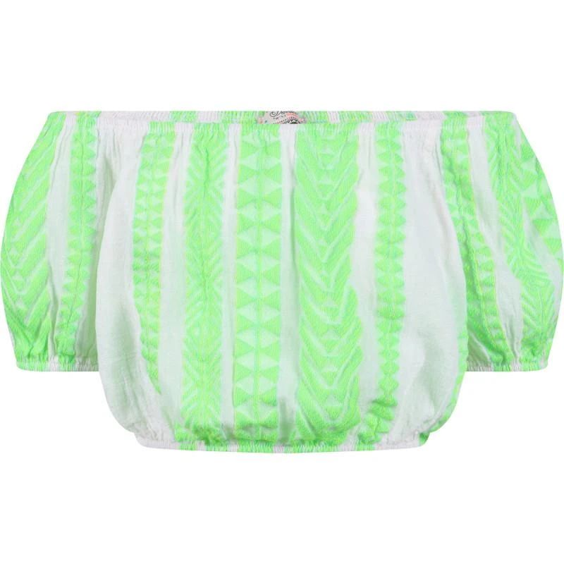 Devotion Geometric print cold shoulders cropped blouse and tiered ruffled skirt set in neon green and white 2