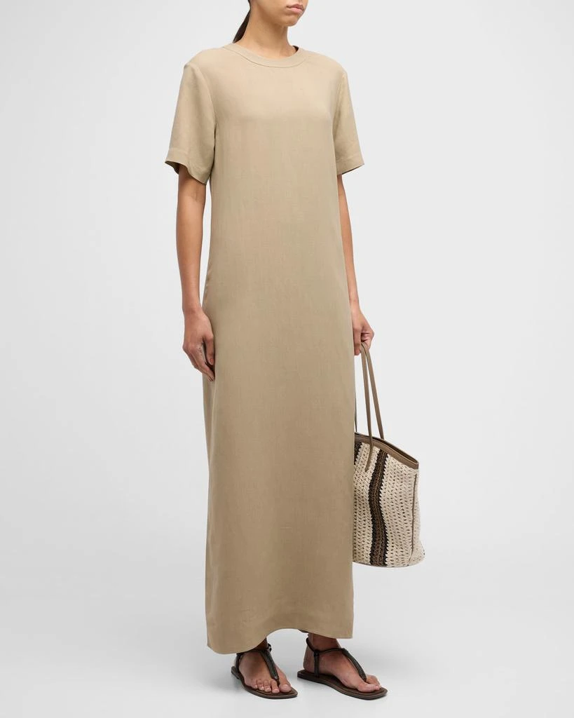 Brunello Cucinelli Fluid Linen Twill T-Shirt Dress with Slits and Monili Detail 3