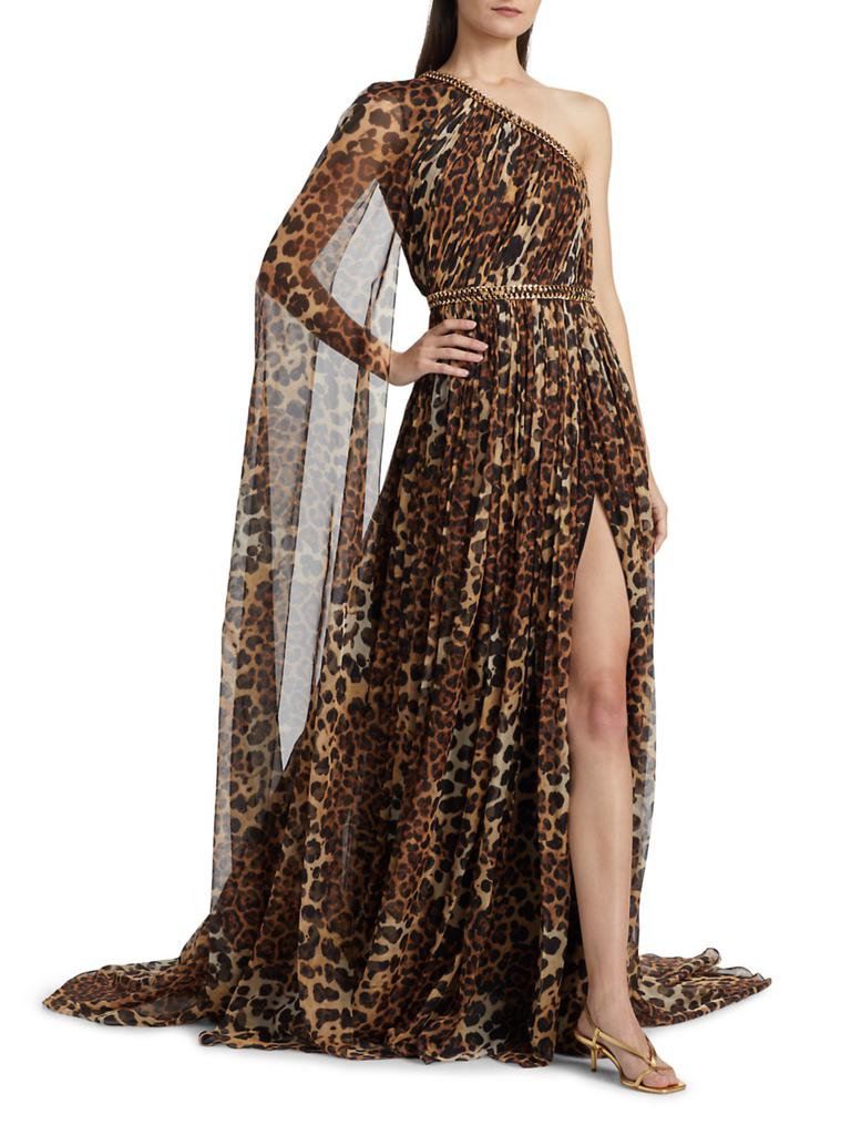 Pamella Roland Leopard-Print Chiffon One-Shoulder Gown