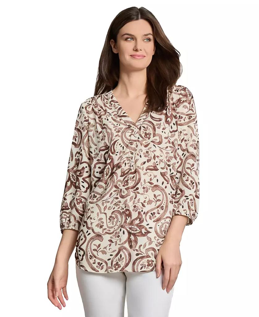 JONES NEW YORK Petite Printed V-Neck 3/4-Sleeve Blouse