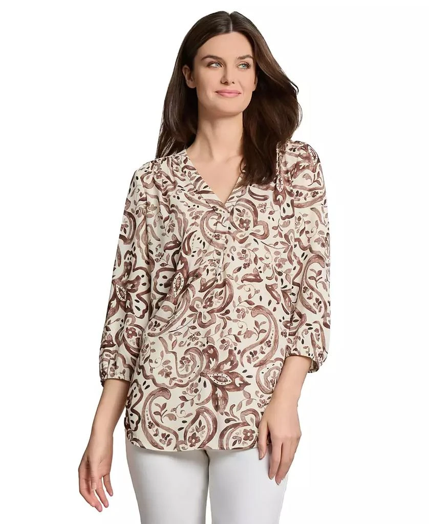 JONES NEW YORK Petite Printed V-Neck 3/4-Sleeve Blouse 1