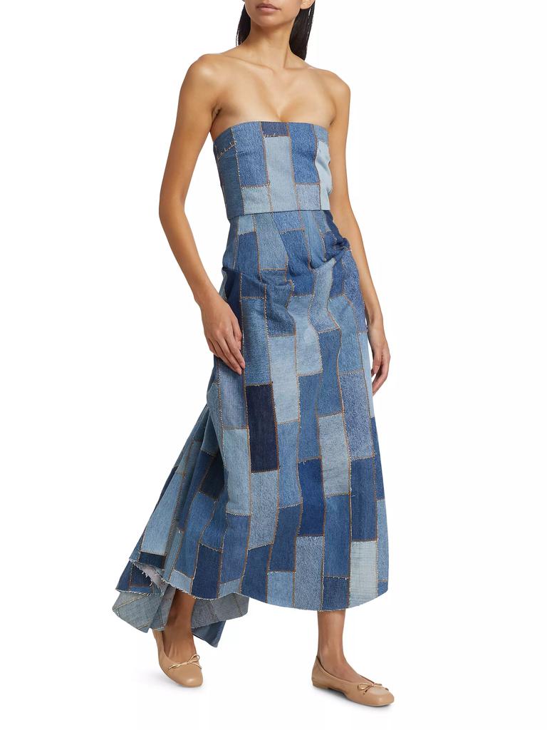 A.W.A.K.E. Mode Patchwork Denim Strapless Bustle Dress