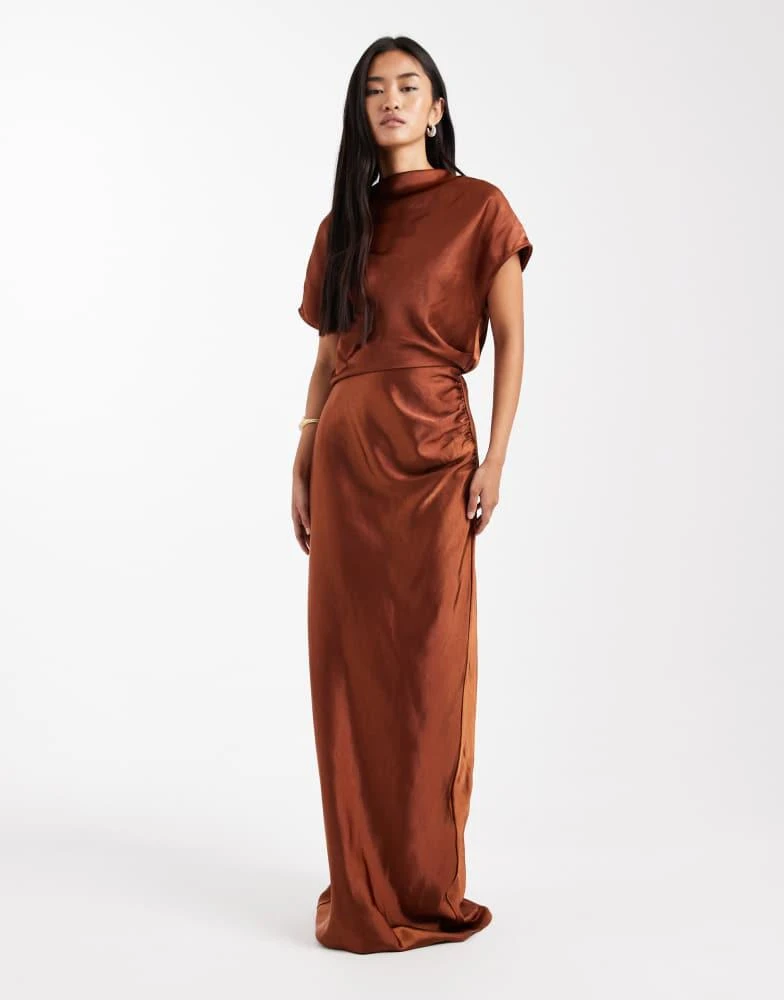 Shop Six Stories Bridesmaid ruched drape satin maxi dress in rust on Sale  at BeyondStyle  Get 35% Off Six Stories Bridesmaid ruched drape satin maxi  dress in rust with Limited-Time Flash