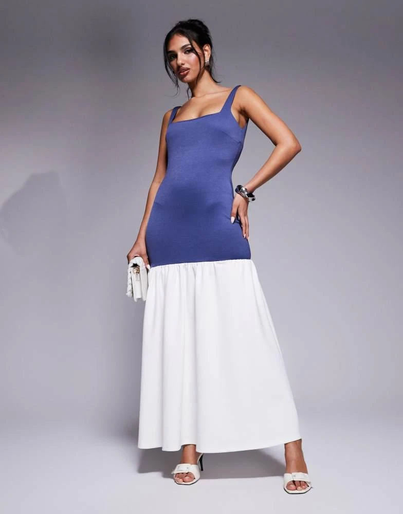 Kaiia Kaiia exclusive square neck contrast drop waist maxi dress in dark blue and cream 1