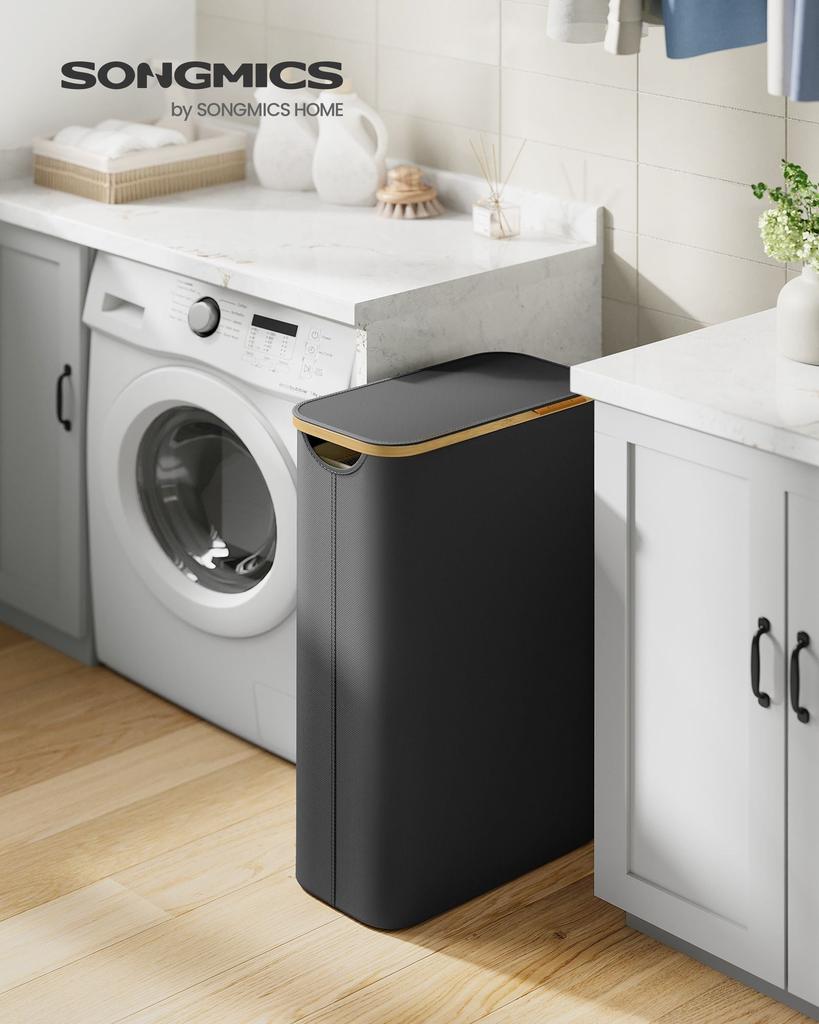 BreeBe Laundry Hamper with Lid, Slim Laundry Basket, 17.2 Gallons (65L), Space-Saving, Removable Mesh Liner, Bamboo Handles, Collapsible, 16.5 x 8.9 x 27.8 Inches, Ink Black