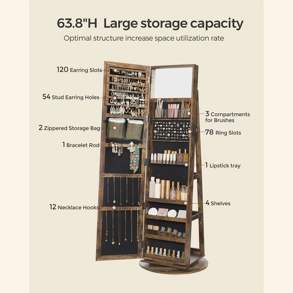 Hivvago Rustic Brown 360° Swivel Lockable Jewelry Armoire 4