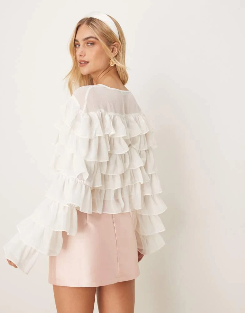 GINA TRICOT Gina Tricot long sleeve cropped flounce ruffle blouse with tie front in off white 3