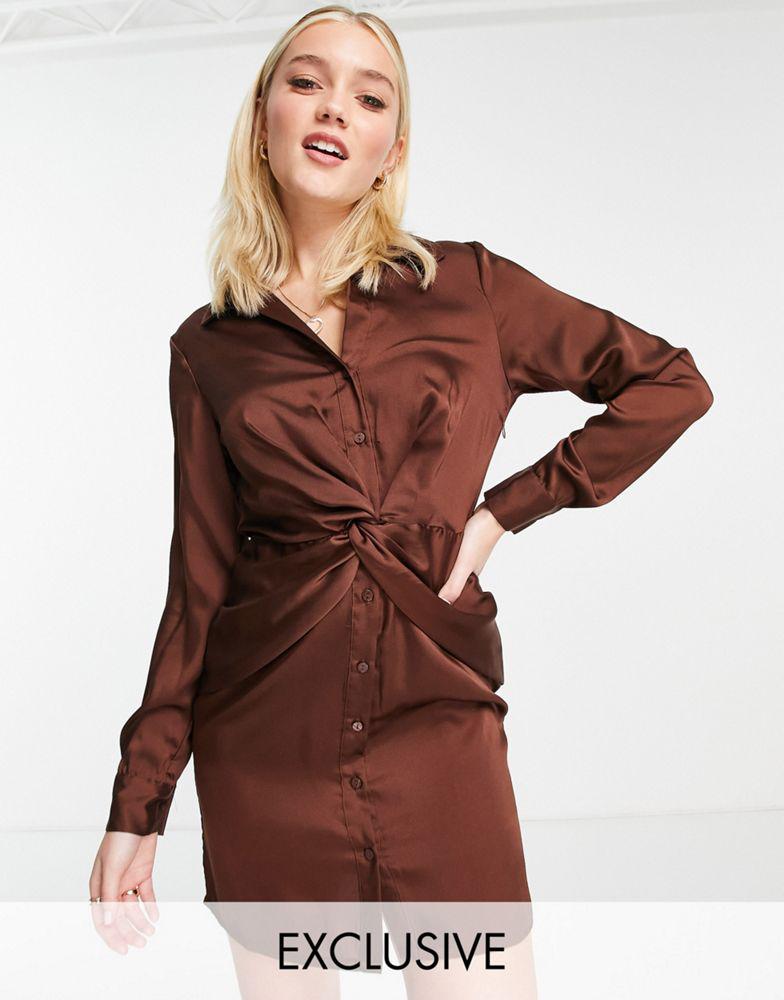 Stradivarius Stradivarius twist detail satin shirt dress in chocolate brown