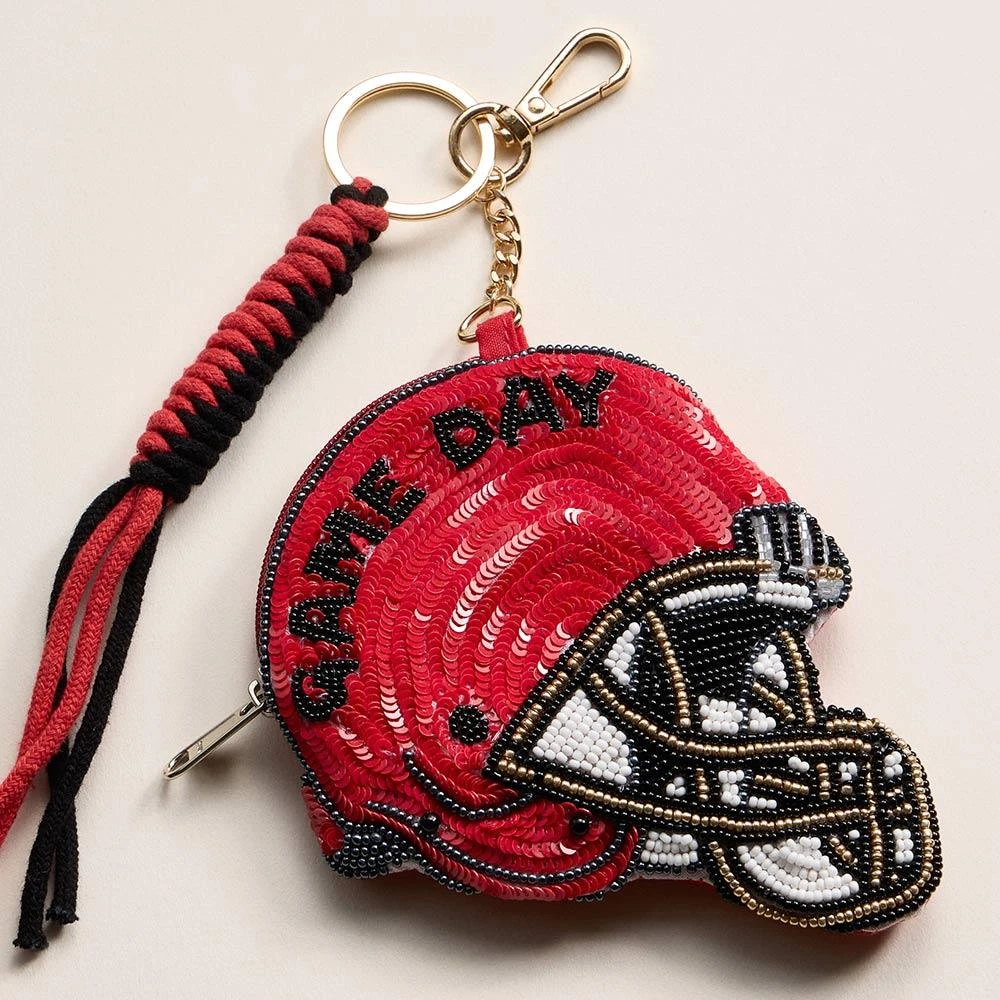 FASHNZFAB GEORGIA GAME DAY Football Helmet Sequin Seed Beaded Knot Keychain Mini Pouch Bag