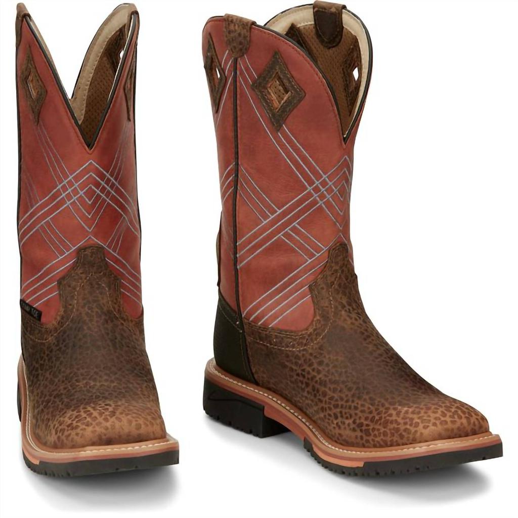 Justin Men's 12" Waterproof Leather Work Boot In Pecan