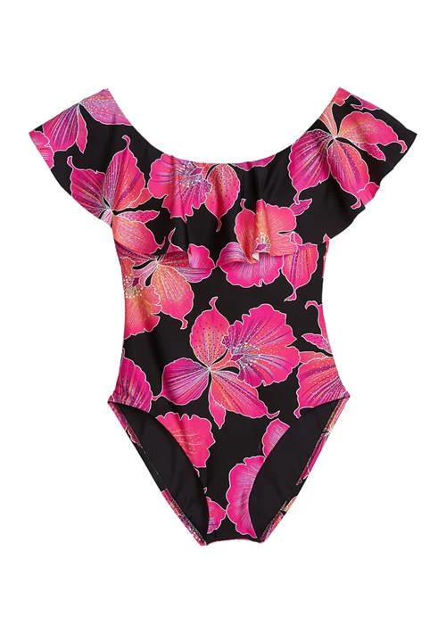 Trina Turk Turk Fleury Floral Printed Ruffle Off The Shoulder One Piece Swimsuit 1