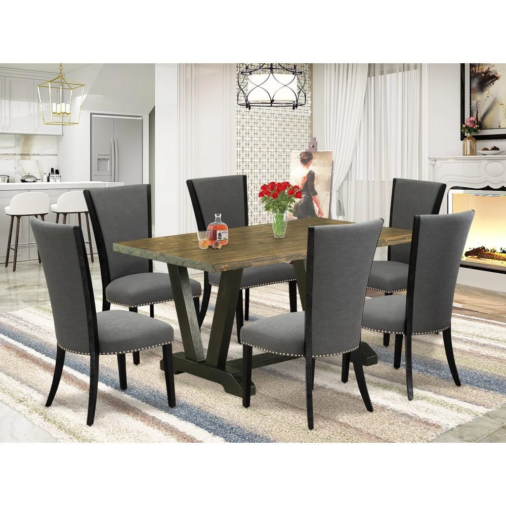 East West Furniture 7 Piece Dining Set Contains a Distressed Jacobean Wooden Dining Table and 6 Dark Gotham Grey Linen Fabric Dining Chairs with High Back - Wire Brushed Black Finish 1