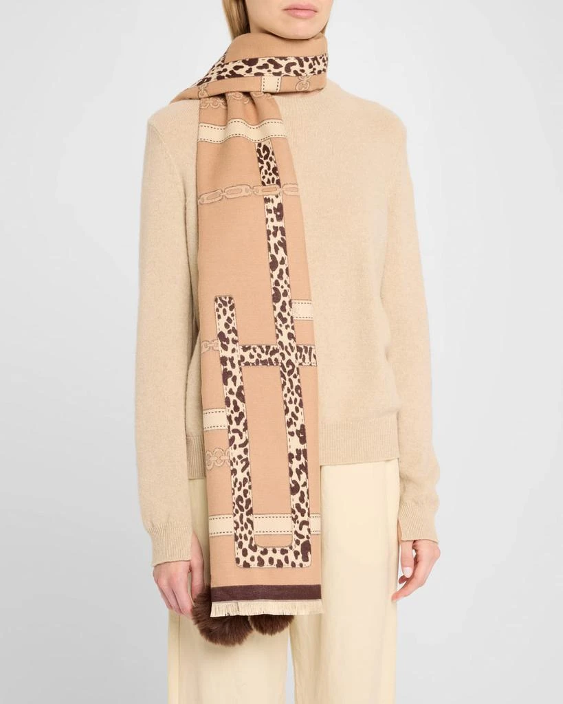 La Fiorentina Animal-Print Scarf W/ Faux Fur Poms 3