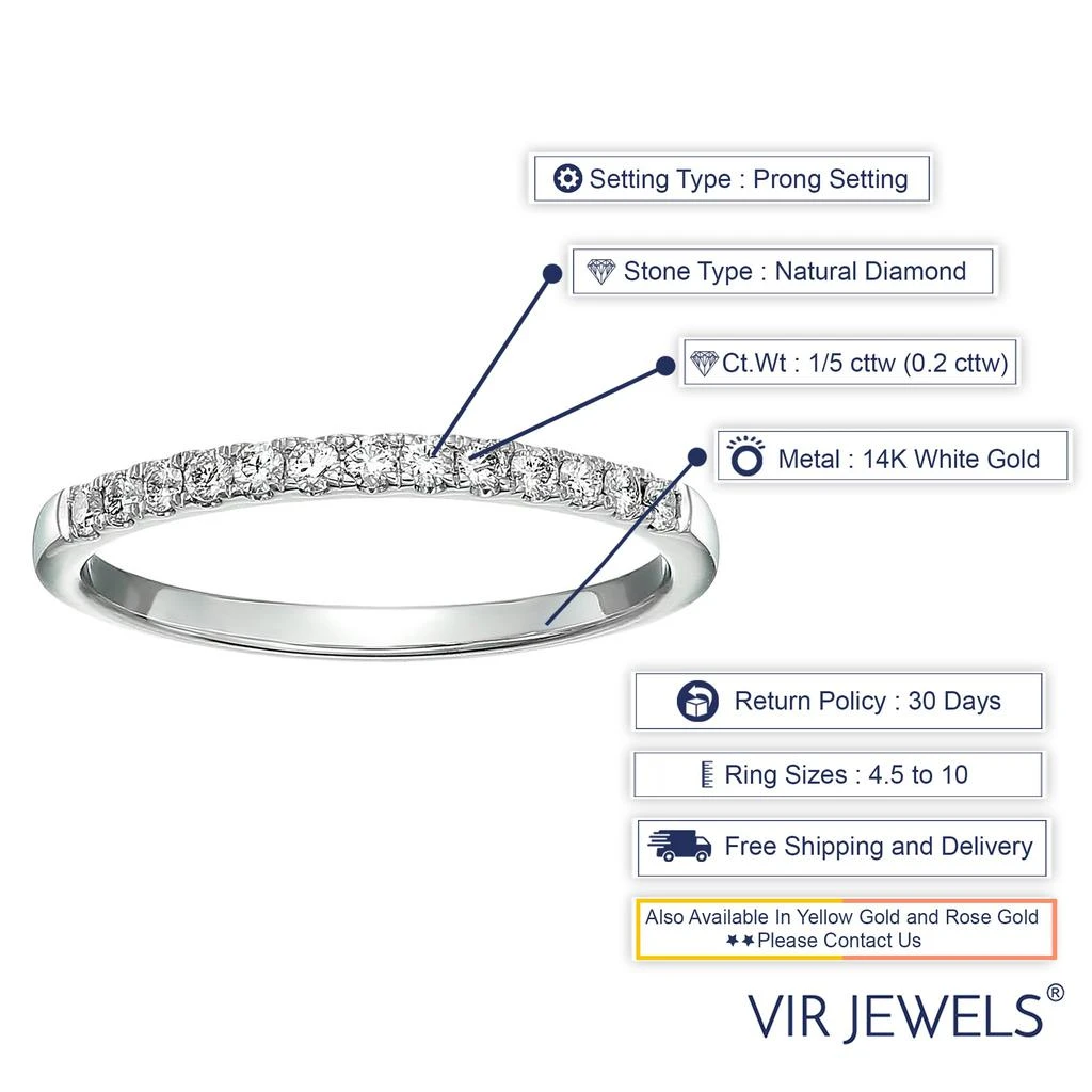 Vir Jewels 1/5 cttw Pave Diamond Wedding Band 14k White Gold Bridal Prong Set 4