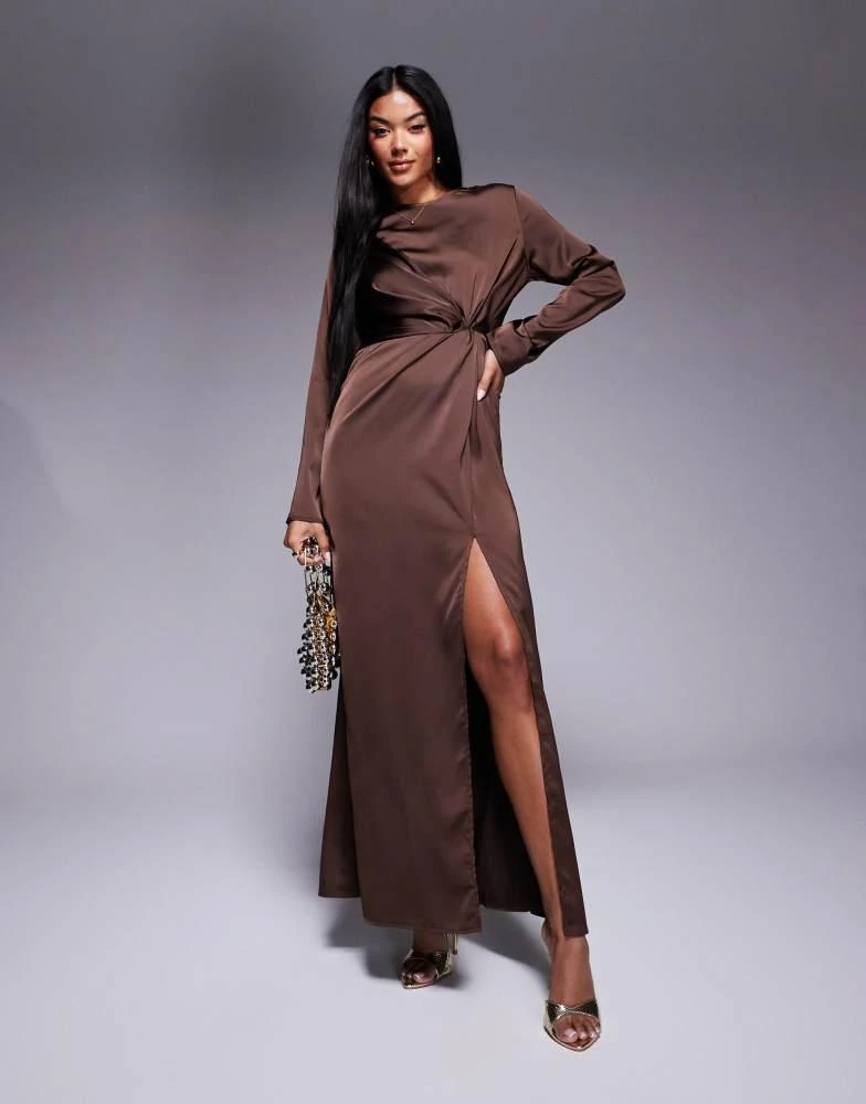 In The Style X Hannah Brown satin twist detail maxi dress In chocolate