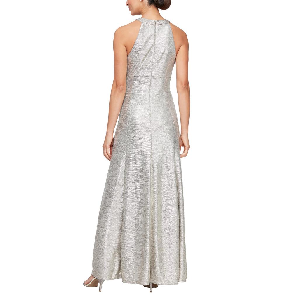 Alex Evenings Metallic Knit Long Halter Neck Dress with Ruched Waist