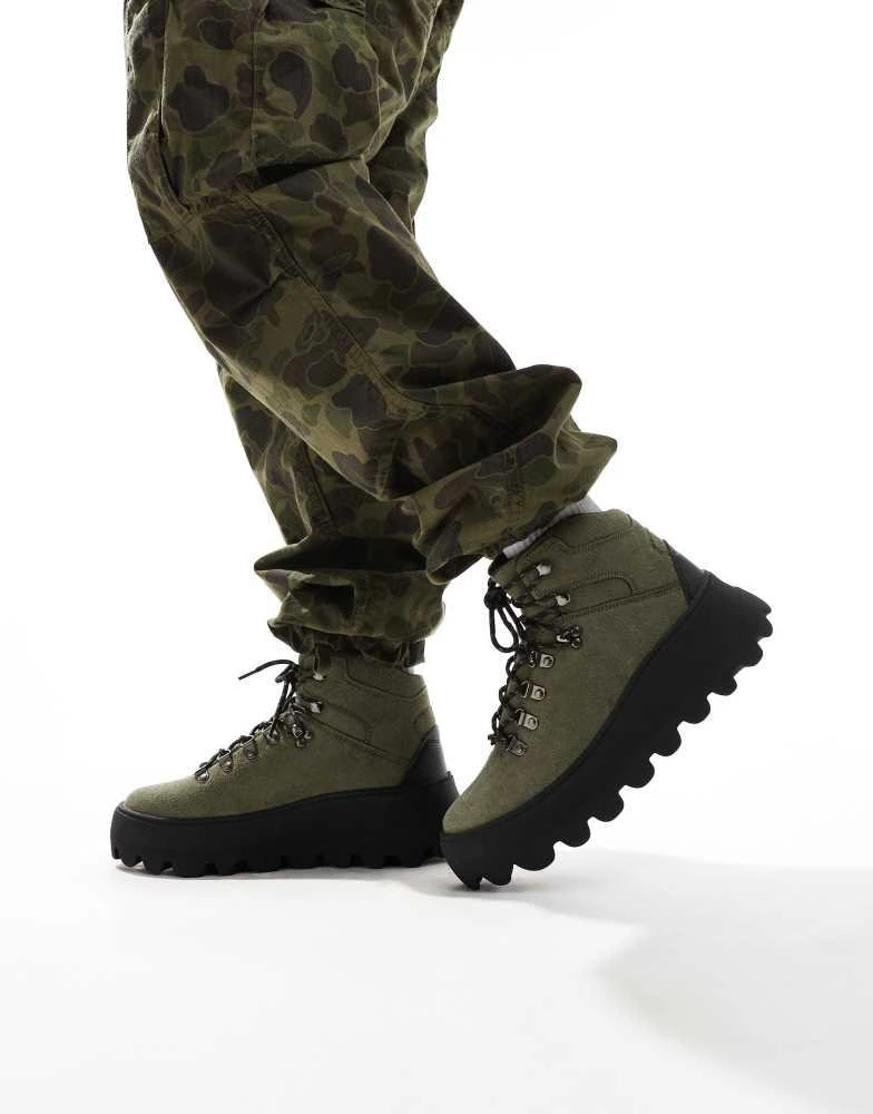 ASOS ASOS DESIGN lace up hiker boot in khaki with chunky sole 1