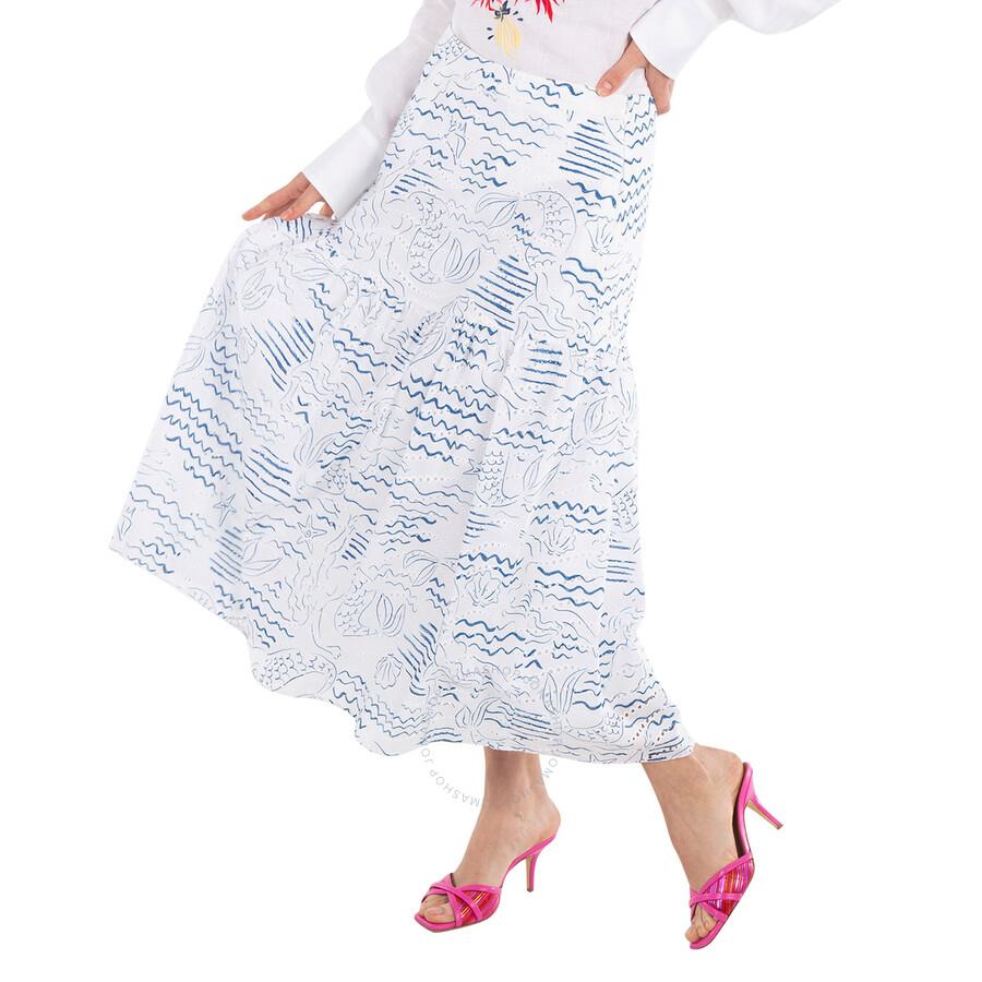 Kenzo Dark Blue Wave Mermaid Print A-Line Skirt