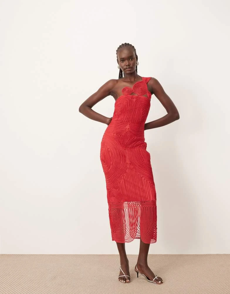 ARRANGE ARRANGE embroidered satin cornelli one shoulder maxi dress in red 1