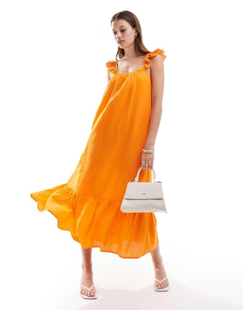 Y.A.S. YAS scoop neck broderie sleeve maxi dress in orange  - ORANGE