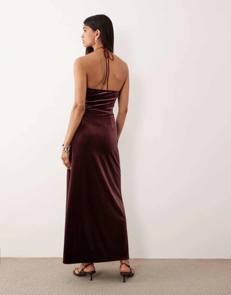 YAS YAS velvet halterneck maxi dress with rosette in burgundy 4