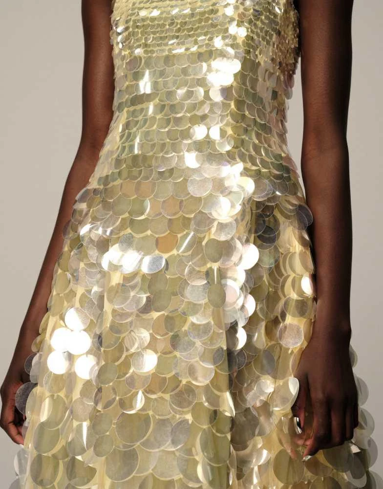 ARRANGE ARRANGE embellished disc sequin square neck full skirt midi dress in lemon 2