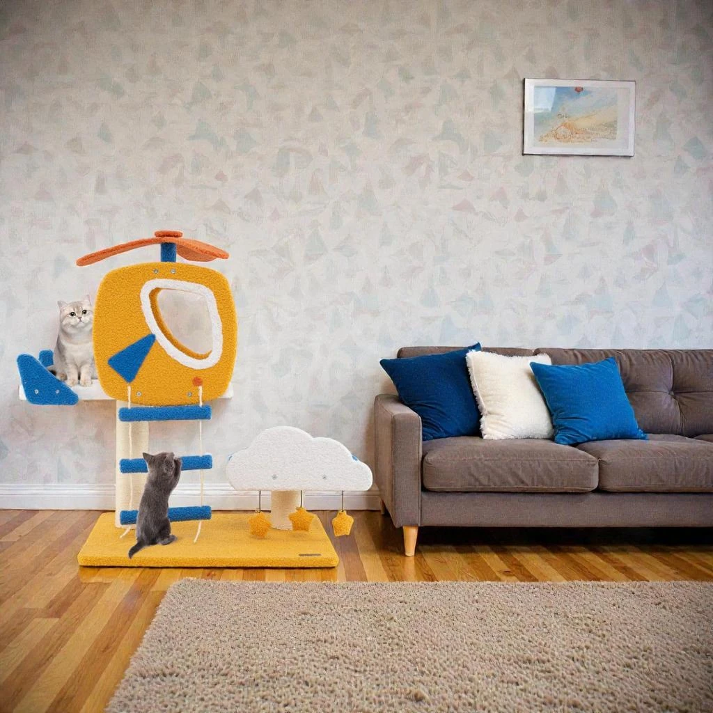 Hivvago Small Indoor Cat Tower with Aviation Theme and Helicopter Top Perch